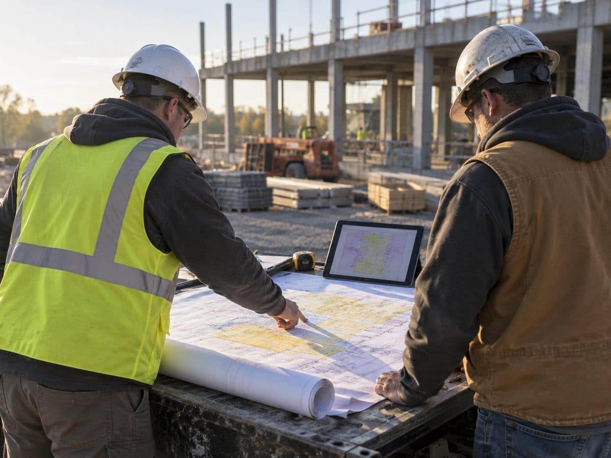 General contractor reviewing plans on a job site