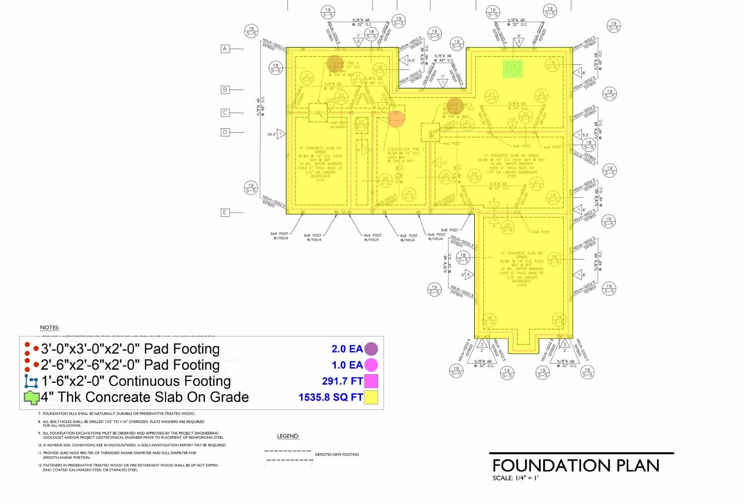 Foundation plan with the slab on grade shaded yellow and footings outlined, with a quantity legend